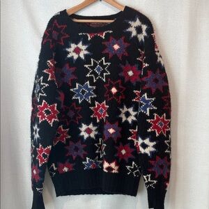 Vintage Sz S 90s Jeffrey Banks 100% Wool Men's Black Star Pattern Sweater EUC